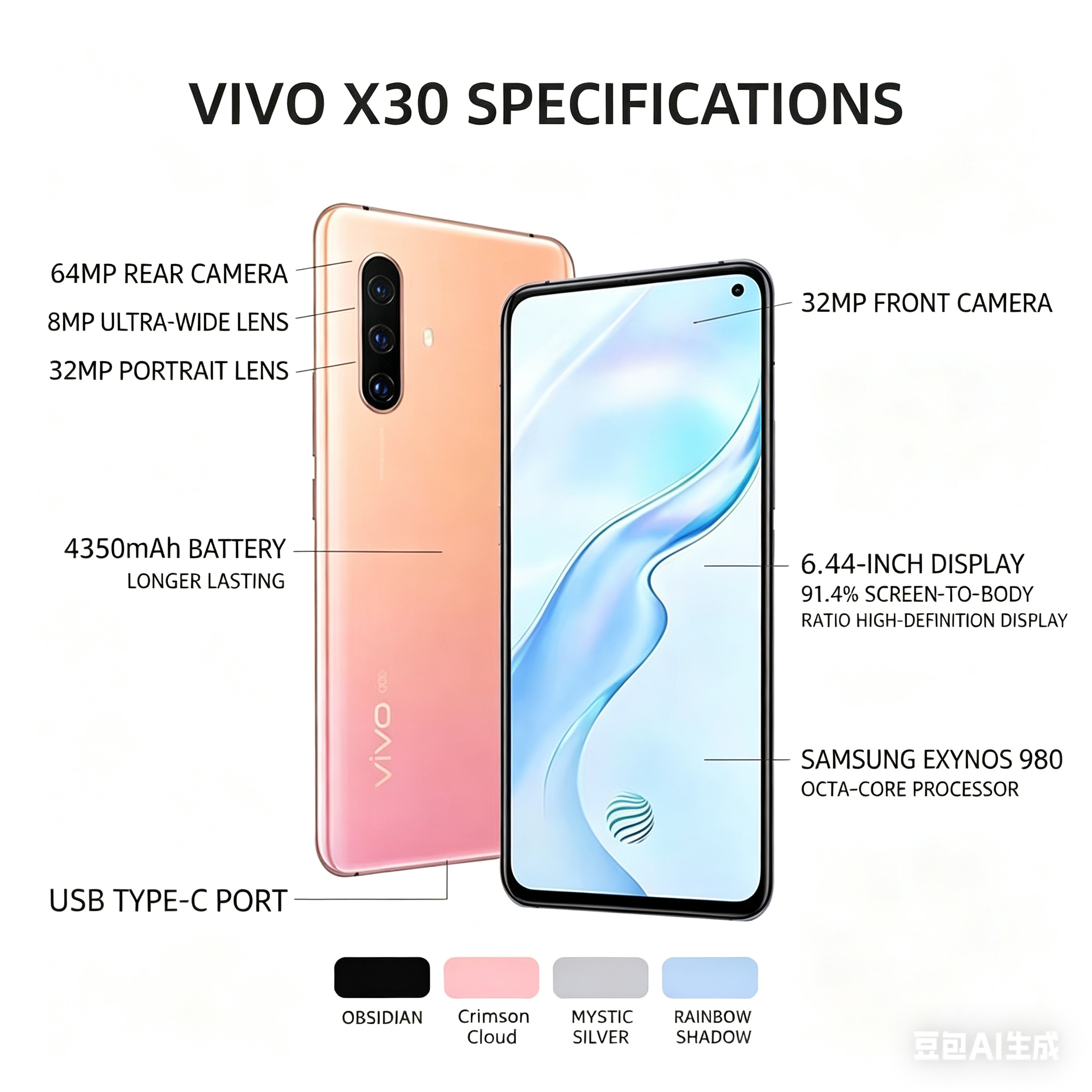 Refurbished vivox30 5G mobile phone Main camera: 64 million pixels + 8 million pixels + 32 million pixels Preceding: 32 million pixels Battery: 4350mAh Unlock: Facial Recognition