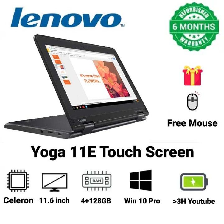 [OFFER] Lenovo Yoga 11e 2-in-1 Touchscreen x360 Laptop (Refurbished) 4GB RAM 128GB SSD 11.6 Inch Windows 11 Pro - Black + FREE MOUSE & WARRANTY