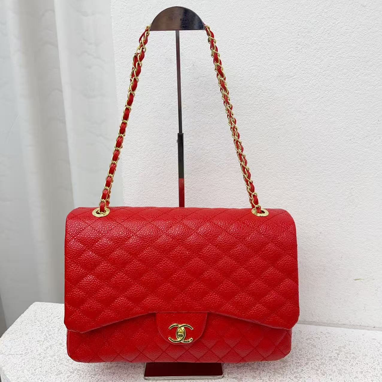 CHANEL Timeless Jumbo Shoulder Bag Red Quilted Grained Leather