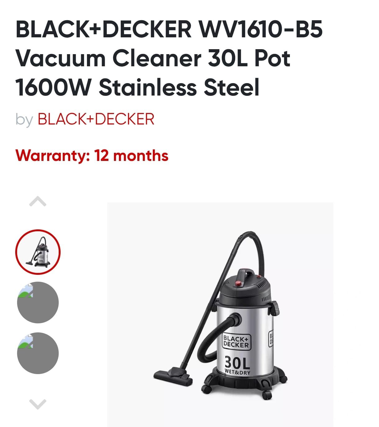 Black+Decker 30L Wet & Dry Vacuum Cleaner – 1610W Powerful Suction, Powerful 1610W motor for fast and efficient suction, 5-meter long cord for extended reach and convenience.