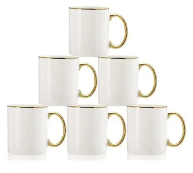 Set of 6 Ceramic Mugs with Gold Rim & Handle – Elegant Coffee & Tea Cups, Premium Porcelain, Microwave Safe (Handle Only), Ideal Gift Set for Home and Office