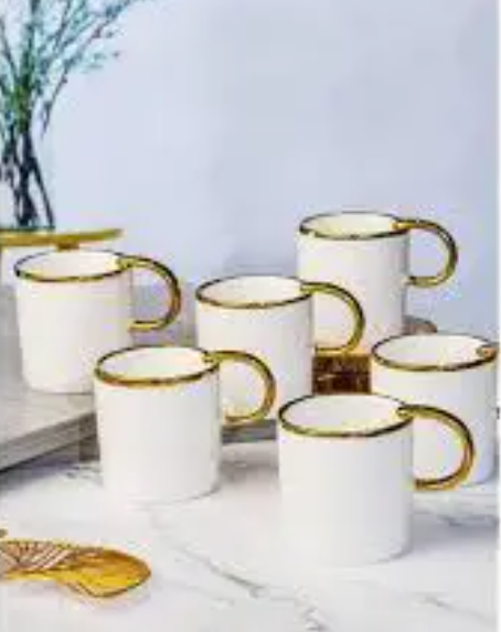 Set of 6 Ceramic Mugs with Gold Rim & Handle – Elegant Coffee & Tea Cups, Premium Porcelain, Microwave Safe (Handle Only), Ideal Gift Set for Home and Office