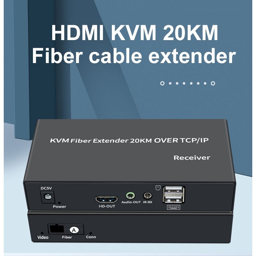 20KM HDMI KVM Fiber Extender Over TCP/IP – 1080P/4K Video, USB Keyboard & Mouse Control, Single Mode SC Fiber, Long Distance Signal Transmission