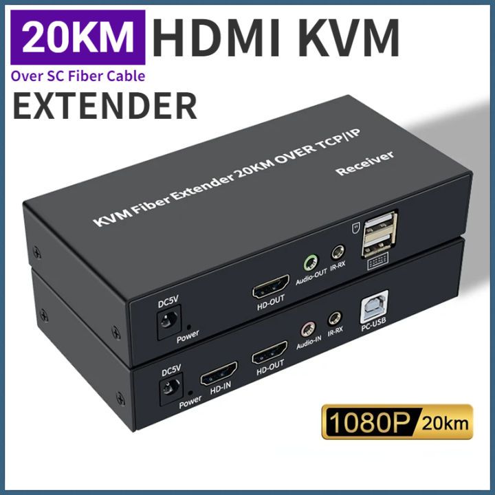 20KM HDMI KVM Fiber Extender Over TCP/IP – 1080P/4K Video, USB Keyboard & Mouse Control, Single Mode SC Fiber, Long Distance Signal Transmission