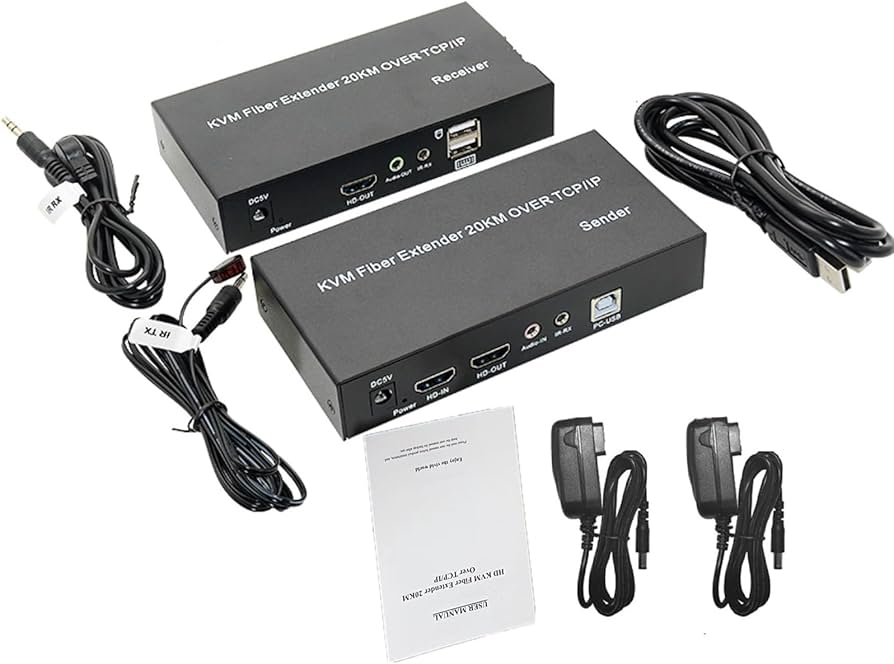 20KM HDMI KVM Fiber Extender Over TCP/IP – 1080P/4K Video, USB Keyboard & Mouse Control, Single Mode SC Fiber, Long Distance Signal Transmission