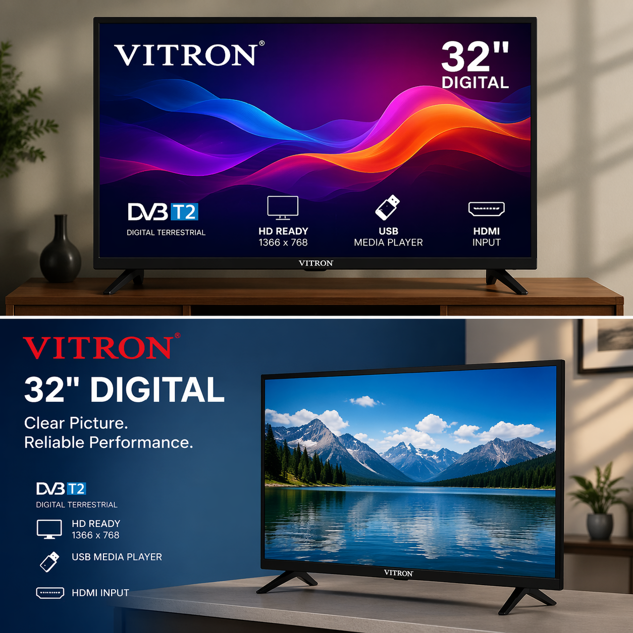 Vitron 32 Inch Frameless Digital LED TV with Inbuilt Decoder Vitron 32 inch Frameless Television HTC 3218 LED Digital TV DVBT2 1GB+8GB Vitron digital TV comes with free freebies