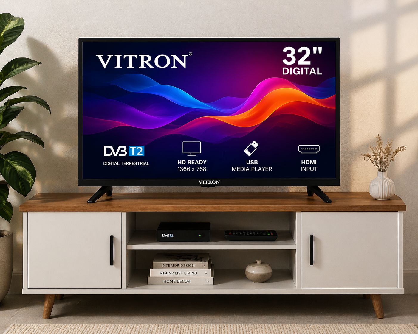 Vitron 32 Inch Frameless Digital LED TV with Inbuilt Decoder Vitron 32 inch Frameless Television HTC 3218 LED Digital TV DVBT2 1GB+8GB Vitron digital TV comes with free freebies