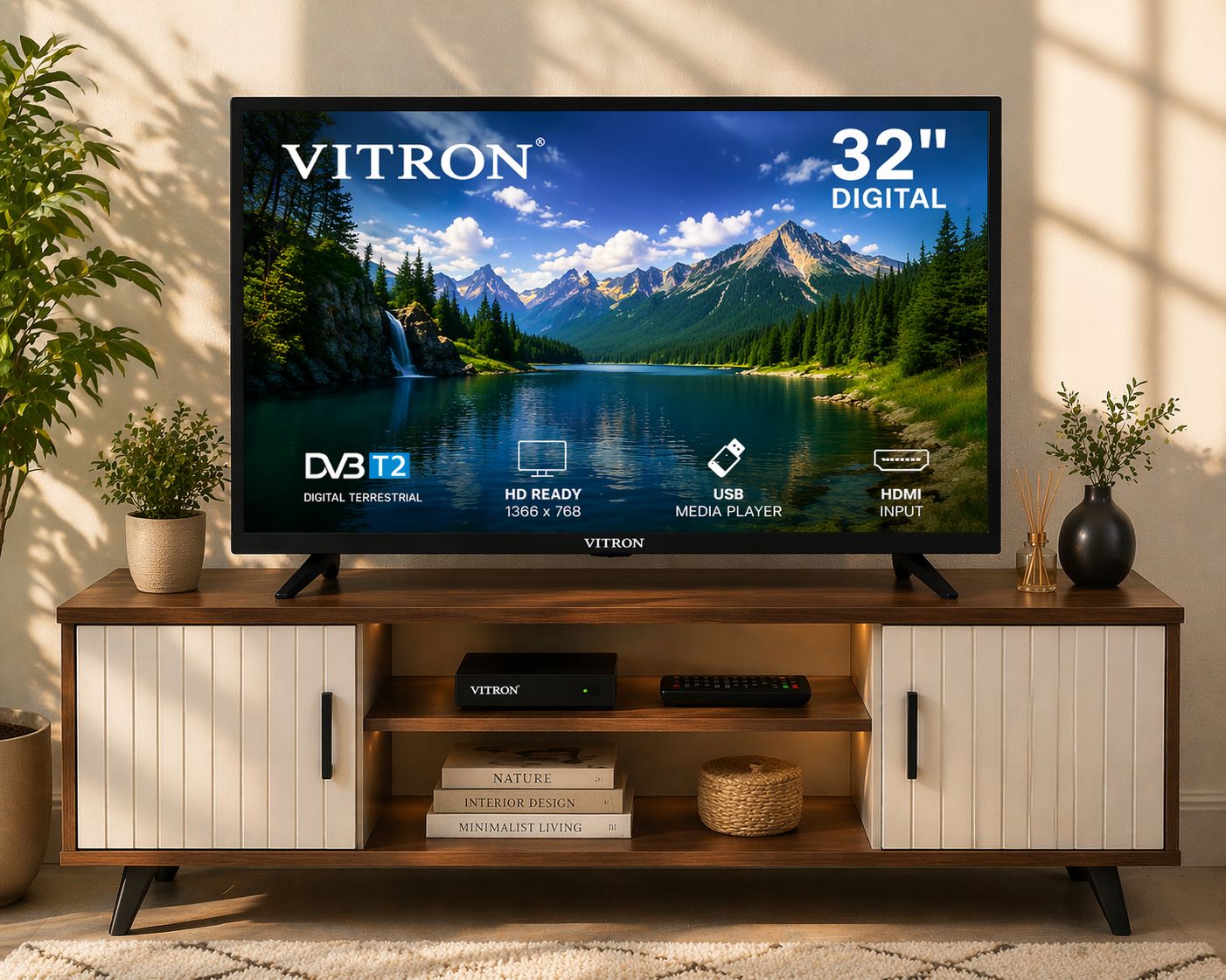 Vitron 32 Inch Frameless Digital LED TV with Inbuilt Decoder Vitron 32 inch Frameless Television HTC 3218 LED Digital TV DVBT2 1GB+8GB Vitron digital TV comes with free freebies