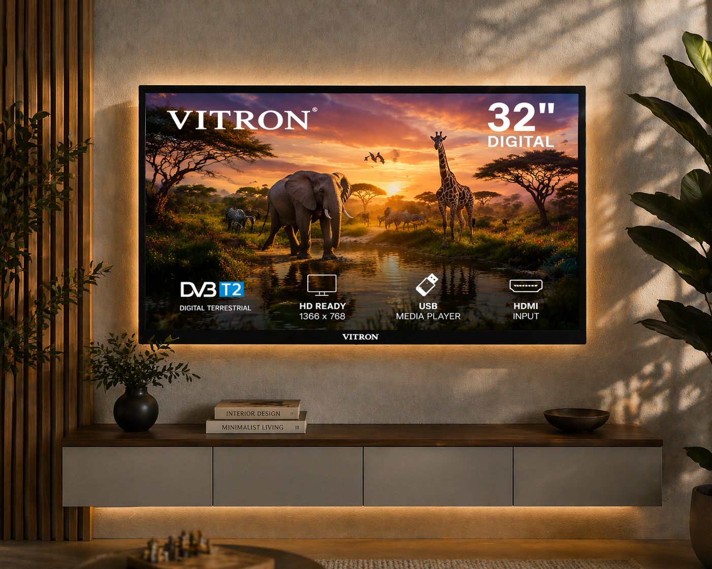 Vitron 32 Inch Frameless Digital LED TV with Inbuilt Decoder Vitron 32 inch Frameless Television HTC 3218 LED Digital TV DVBT2 1GB+8GB Vitron digital TV comes with free freebies