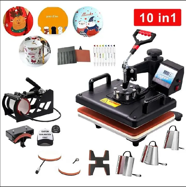 10 in 1 Semi-automatic Sublimation Heat Press Machine All-in-One Combo for T-shirt Mug Cap Shoes Pen Heat Transfer Printing