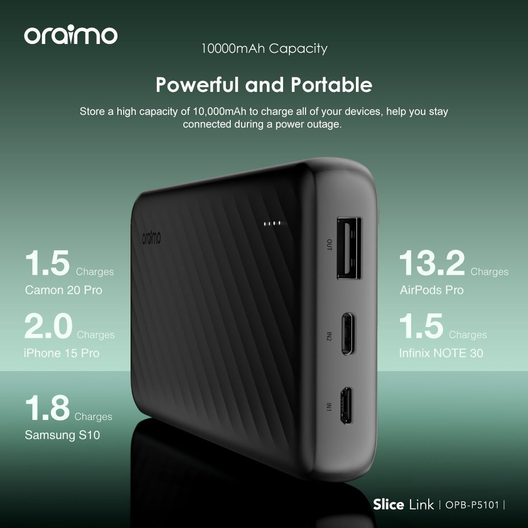 FLASH SALE!! ORAIMO SLICE LINK 10000mAh POWER BANK: | 3 Built-in Charging Cable | 4 Outputs | 5000 Bend Lifespan | Micro-USB, Type-C & Lightning Ports | Dual Recharging  | Ultra-Slim | Airline-Safe |