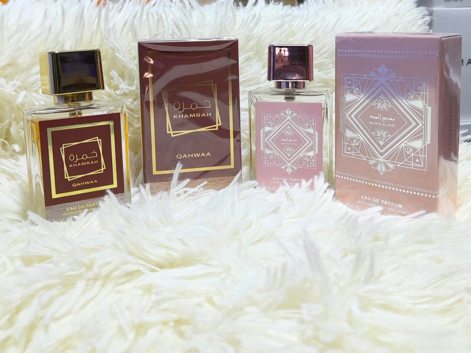 2 pack 30ml perfume set (Lattafa Khamrah Qahwa (Left), Lattafa Bade'e Al Oud Noble Blush (Right))