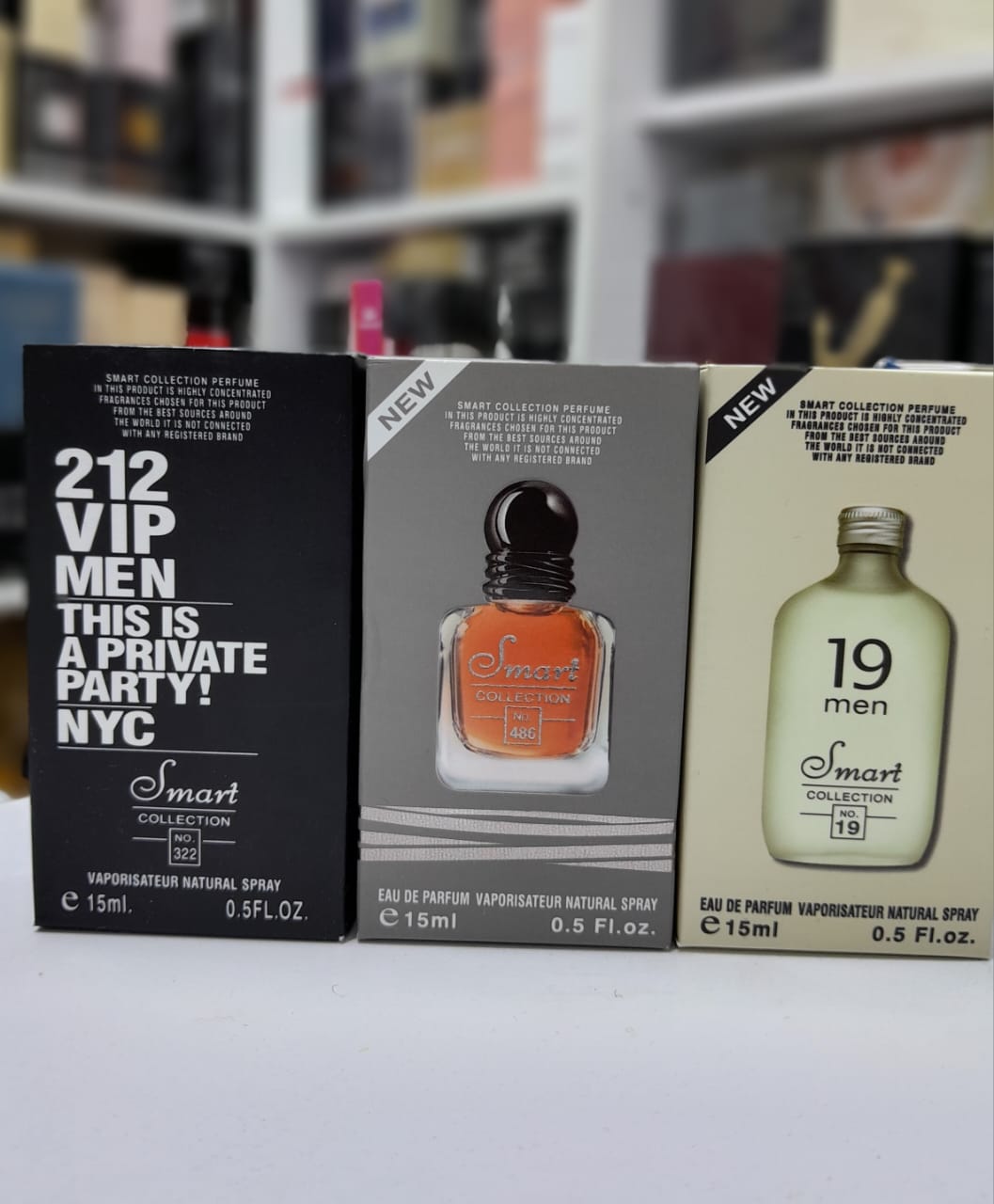 3 pack 15mls, smart collection (No.322 (212 VIP Men), No.486 (Stronger With You), No.19 (Acqua di Giò)).