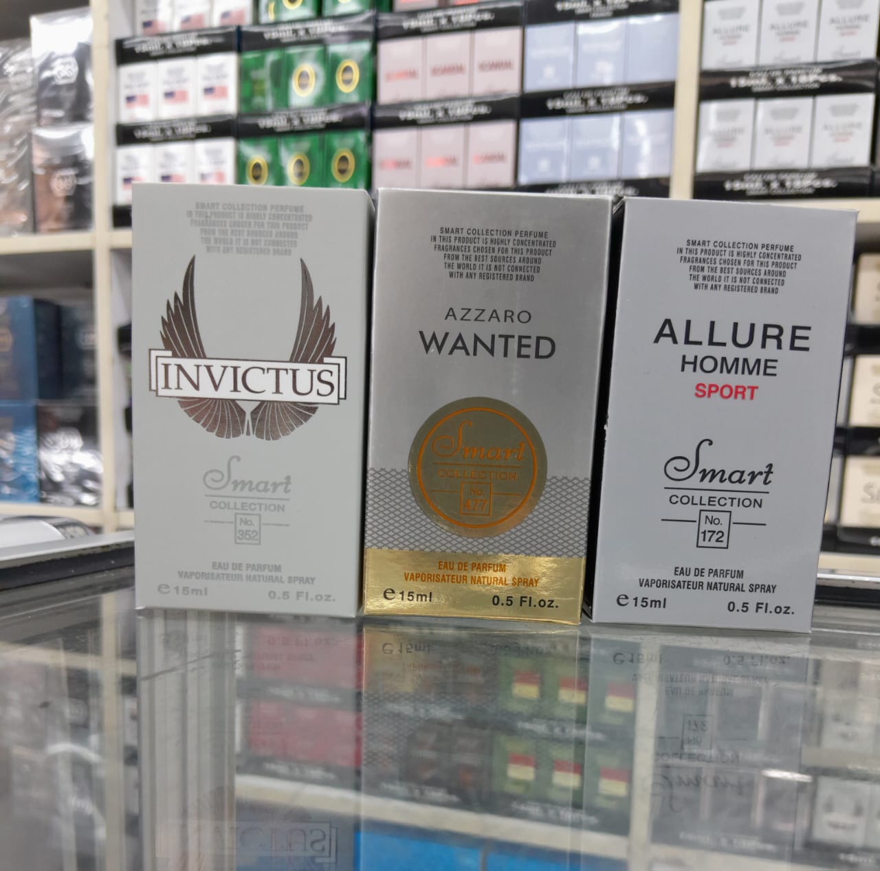 3 pack 15mls, smart collection (No.352 (Invictus), No.477 (Azzaro Wanted), No.172 (Allure Homme Sport)).
