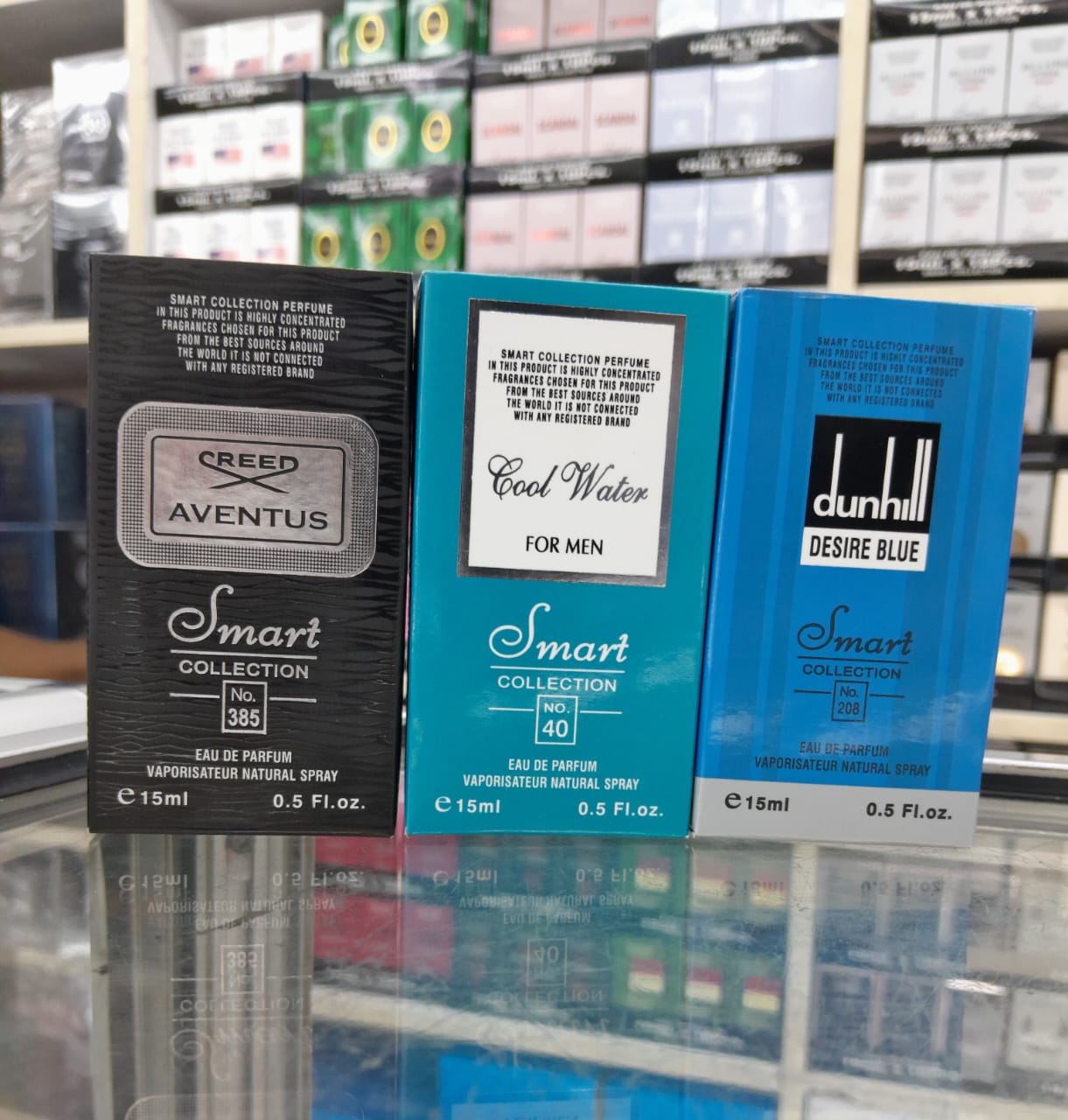 3 pack 15mls, smart collection (No.385 (Creed Aventus), No.40 (Cool Water), No.208 (Dunhill Desire Blue)).