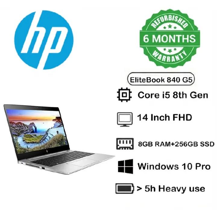 (Special Offer) HP EliteBook 840 G5 Intel Core i5 8th Gen 8GB RAM 256GB SSD 14'' Screen Size Windows 11 Pro Refurbished Laptop Notebook Computer+FREE MOUSE