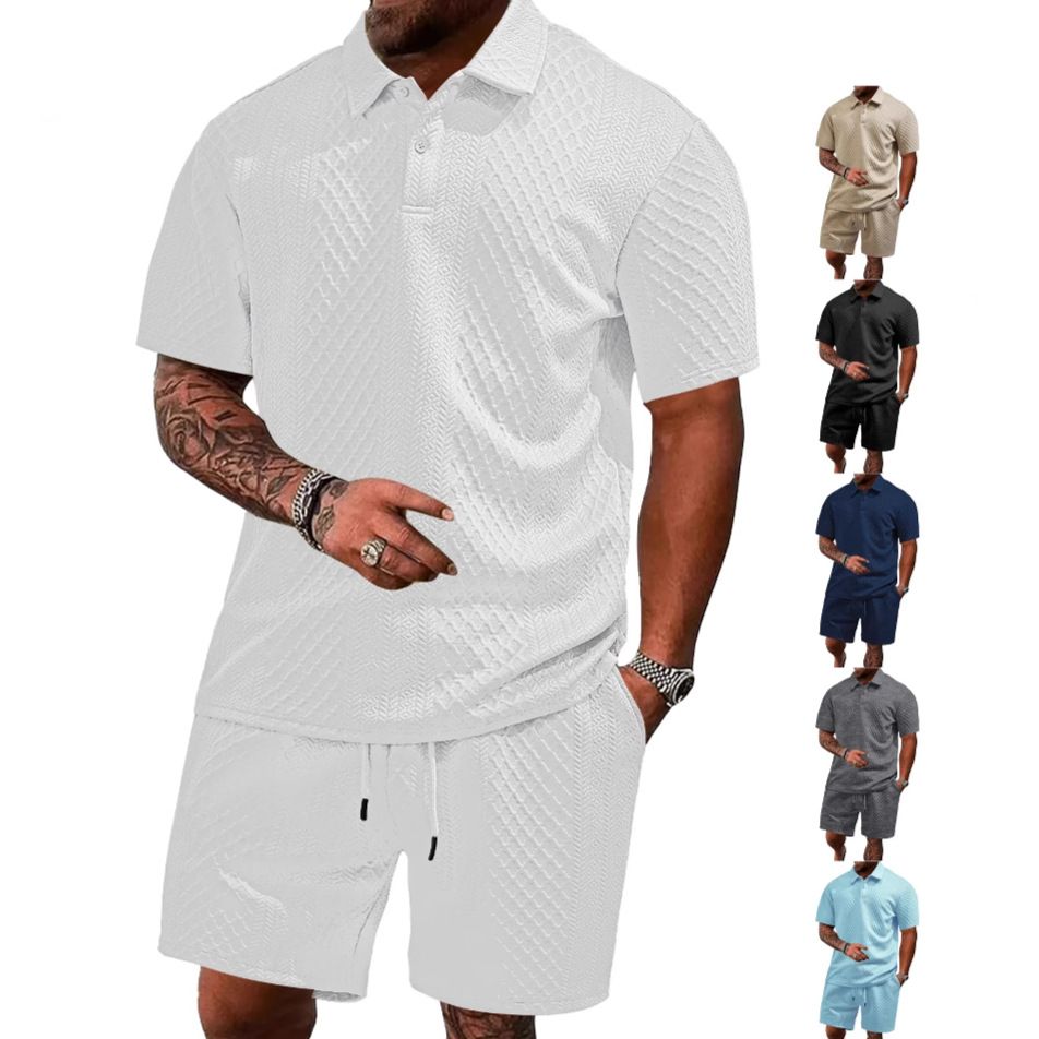 Summer new men's two-piece solid color jacquard short-sleeved lapel polo shirt loose casual shorts leisure sports suit is suitable for daily leisure commuting sports wear.