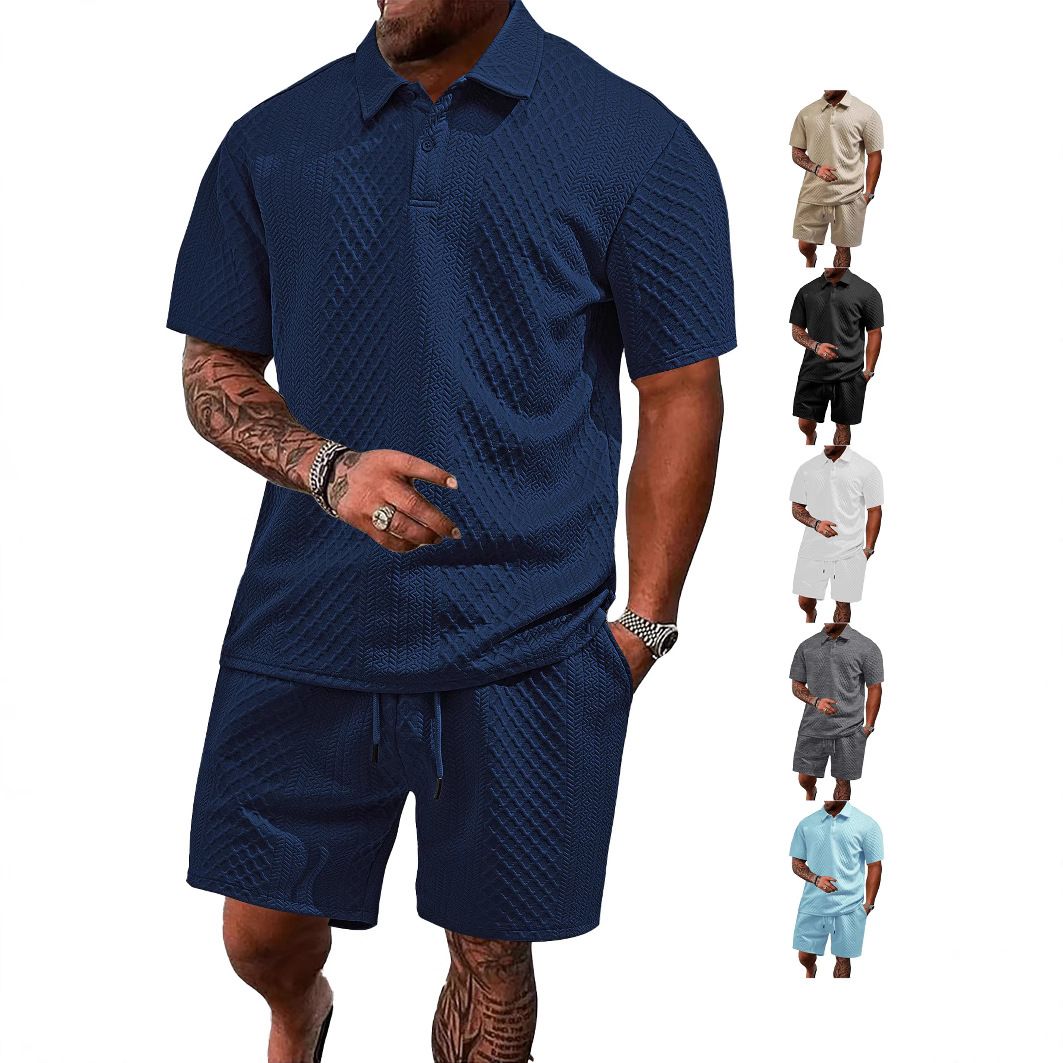 Summer new men's two-piece solid color jacquard short-sleeved lapel polo shirt loose casual shorts leisure sports suit is suitable for daily leisure commuting sports wear.