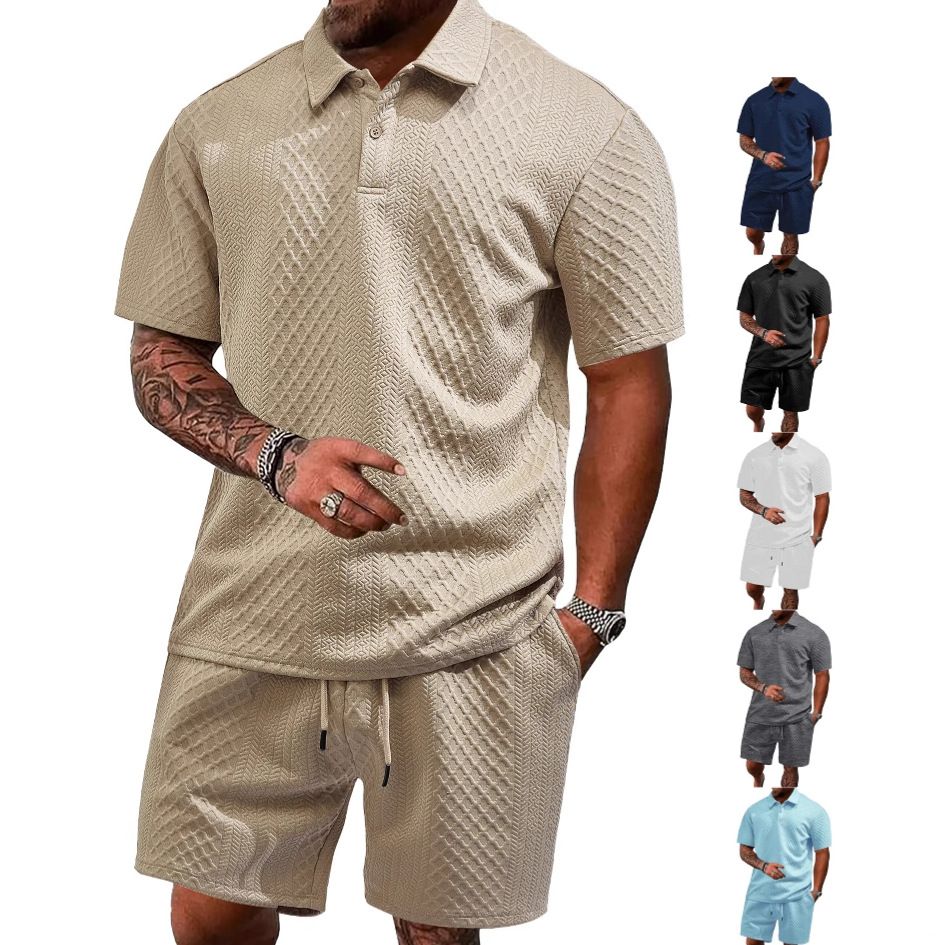 Summer new men's two-piece solid color jacquard short-sleeved lapel polo shirt loose casual shorts leisure sports suit is suitable for daily leisure commuting sports wear.