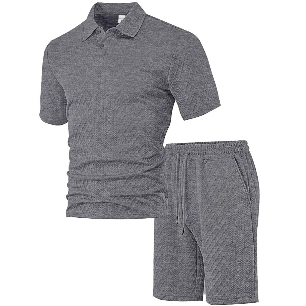 Summer new men's two-piece solid color jacquard short-sleeved lapel polo shirt loose casual shorts leisure sports suit is suitable for daily leisure commuting sports wear.