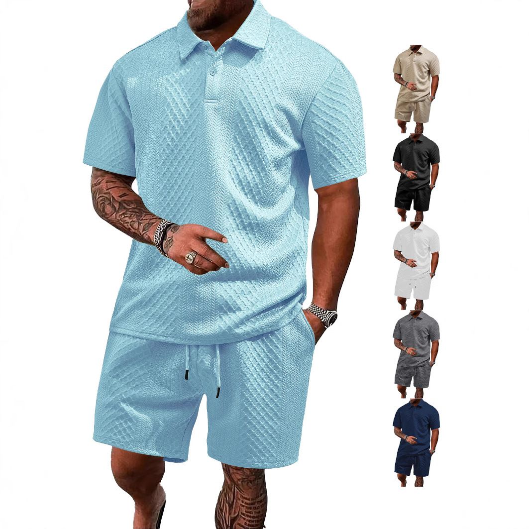 Summer new men's two-piece solid color jacquard short-sleeved lapel polo shirt loose casual shorts leisure sports suit is suitable for daily leisure commuting sports wear.