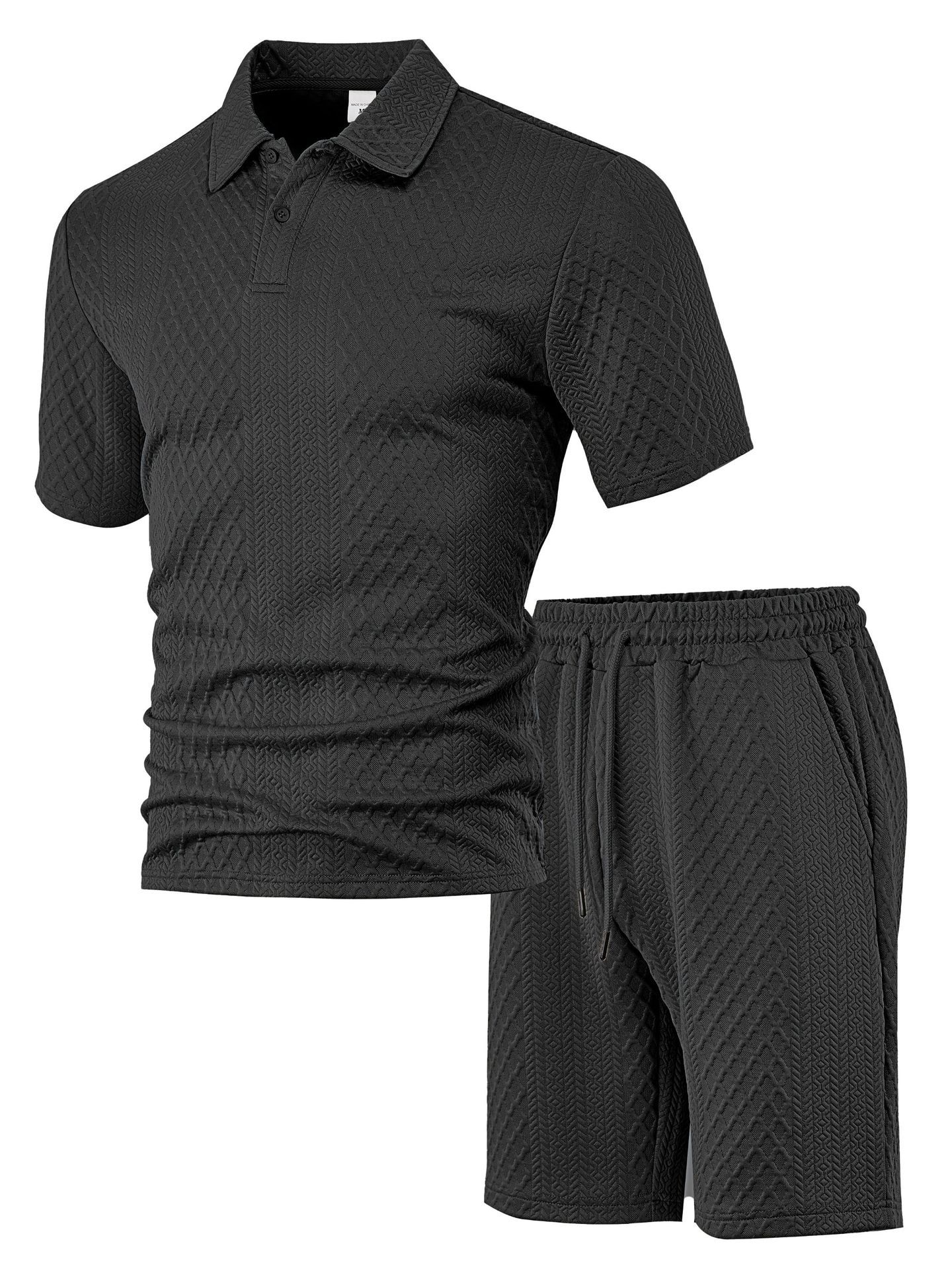 Summer new men's two-piece solid color jacquard short-sleeved lapel polo shirt loose casual shorts leisure sports suit is suitable for daily leisure commuting sports wear.