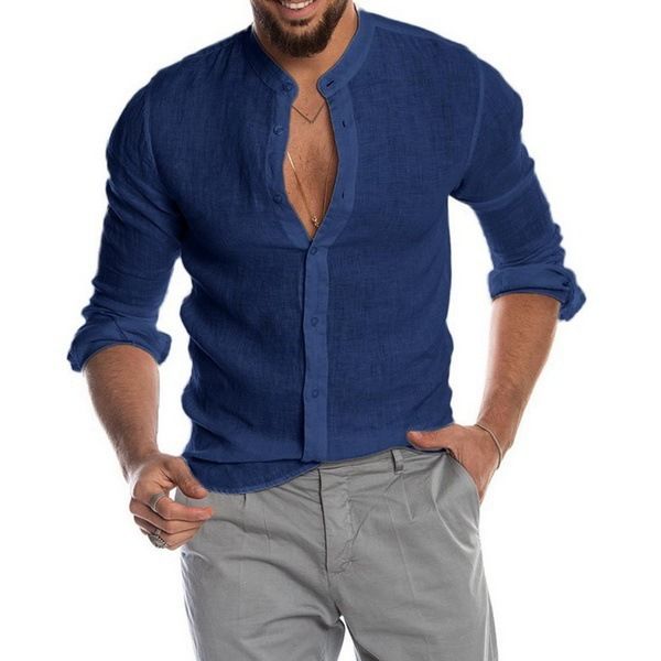 New men's long-sleeved shirts in summer are breathable, solid color, round neck button cardigan shirts, which are suitable for daily leisure, office, commuting and outdoor sports.