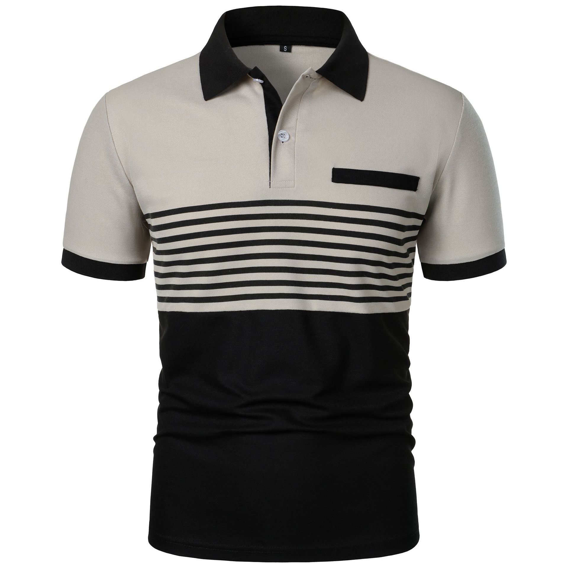 Summer new men's short-sleeved T-shirt color matching lapel striped men's polo shirt is suitable for daily leisure commuting outdoor wear.