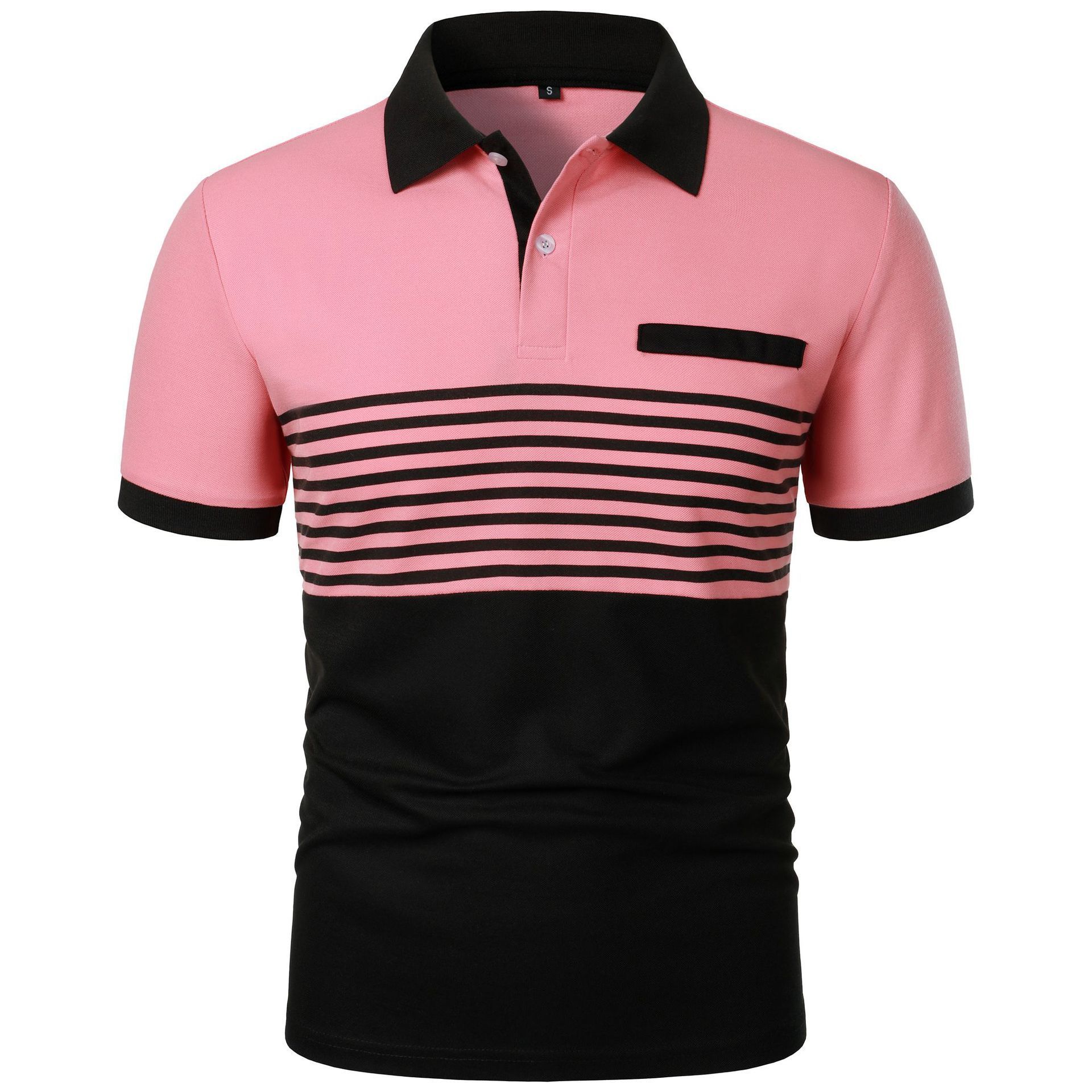 Summer new men's short-sleeved T-shirt color matching lapel striped men's polo shirt is suitable for daily leisure commuting outdoor wear.