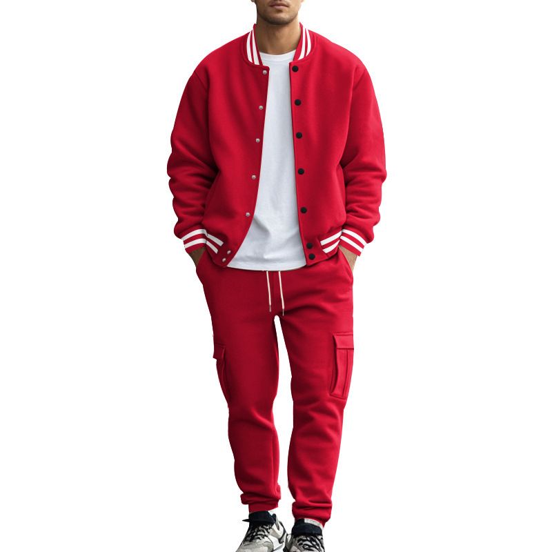 New men's two-piece suit with collar button cardigan coat baseball uniform coat loose casual sports trousers suit is suitable for daily leisure commuting outdoor sports wear.