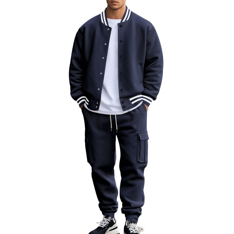 New men's two-piece suit with collar button cardigan coat baseball uniform coat loose casual sports trousers suit is suitable for daily leisure commuting outdoor sports wear.