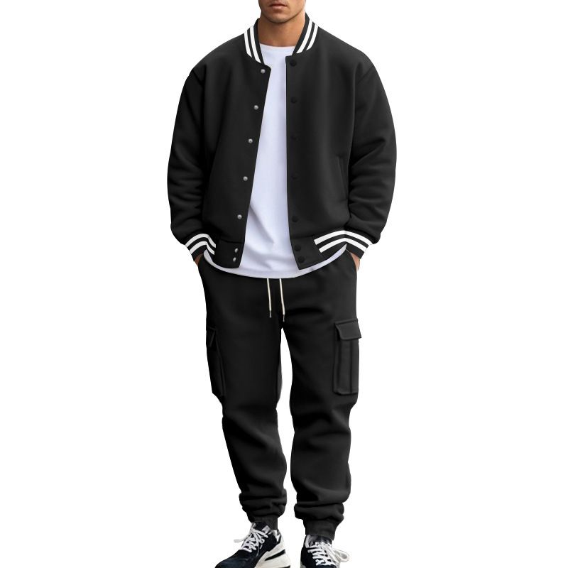 New men's two-piece suit with collar button cardigan coat baseball uniform coat loose casual sports trousers suit is suitable for daily leisure commuting outdoor sports wear.