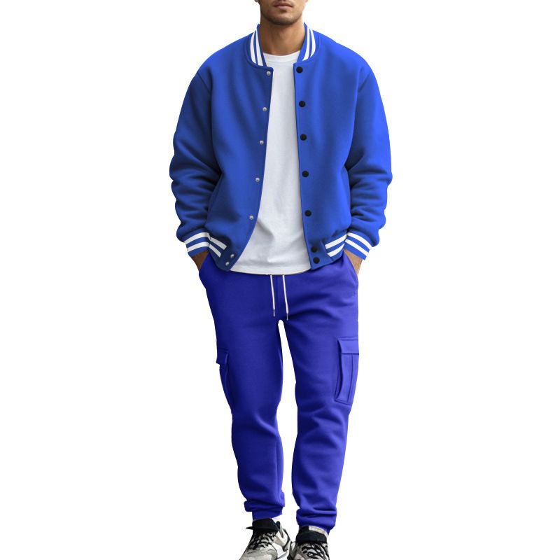 New men's two-piece suit with collar button cardigan coat baseball uniform coat loose casual sports trousers suit is suitable for daily leisure commuting outdoor sports wear.