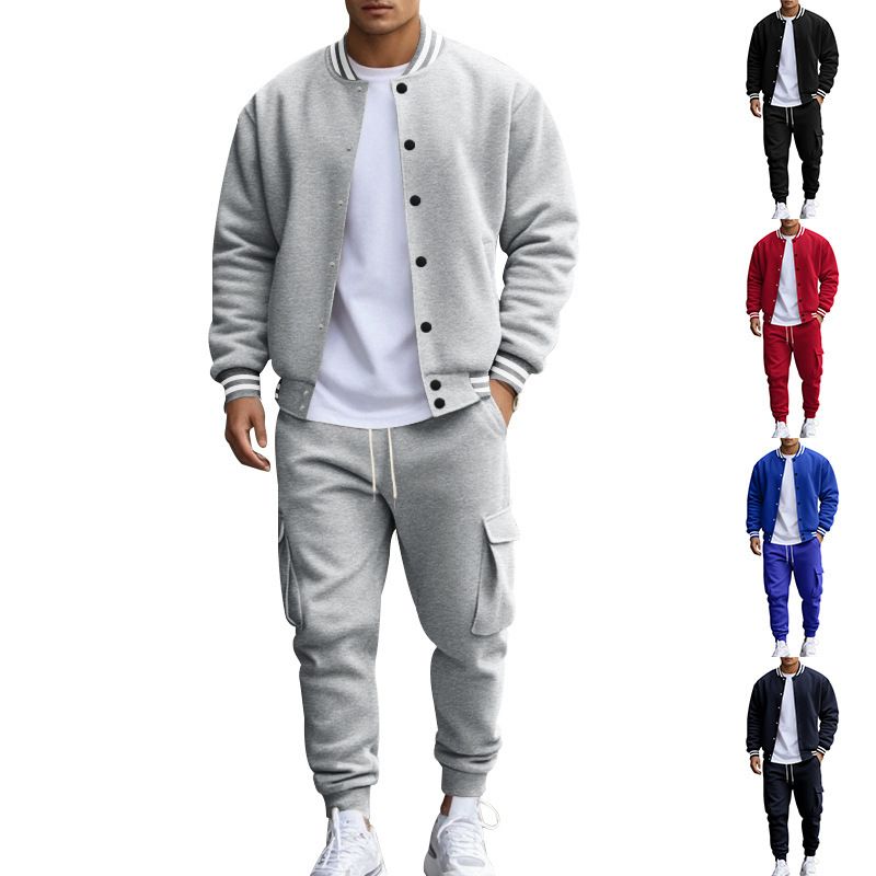 New men's two-piece suit with collar button cardigan coat baseball uniform coat loose casual sports trousers suit is suitable for daily leisure commuting outdoor sports wear.