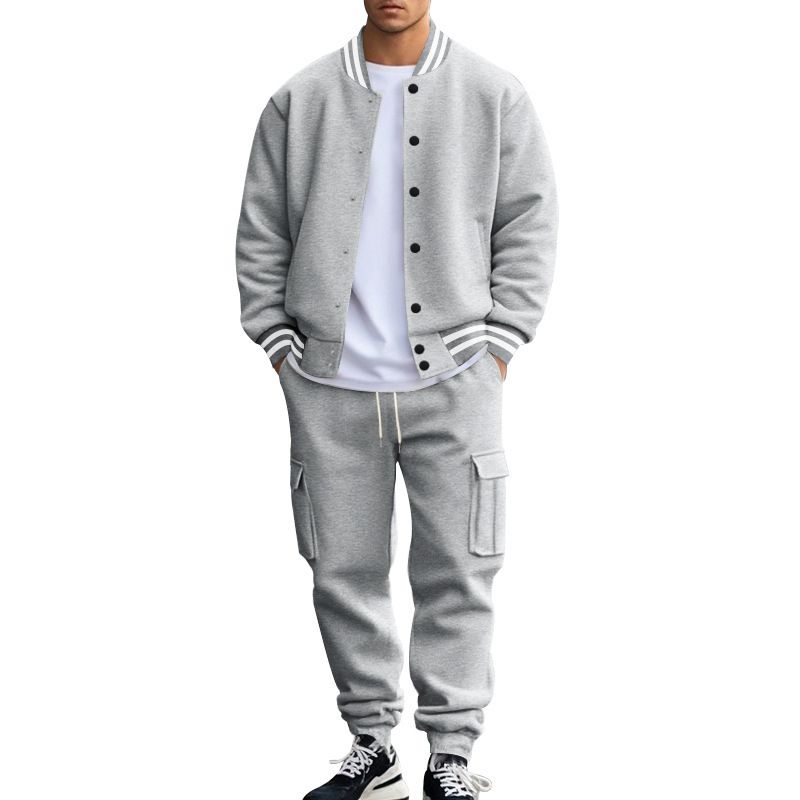 New men's two-piece suit with collar button cardigan coat baseball uniform coat loose casual sports trousers suit is suitable for daily leisure commuting outdoor sports wear.