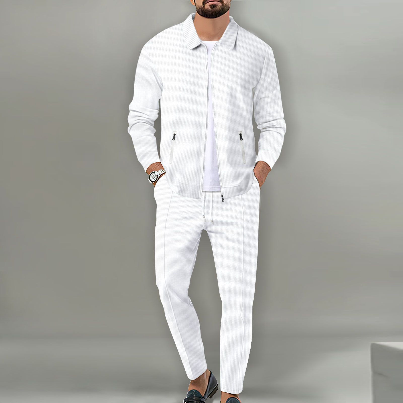 New men's two-piece solid color long-sleeved lapel zipper cardigan jacket casual trousers suit is suitable for daily leisure commuting outdoor sports wear.