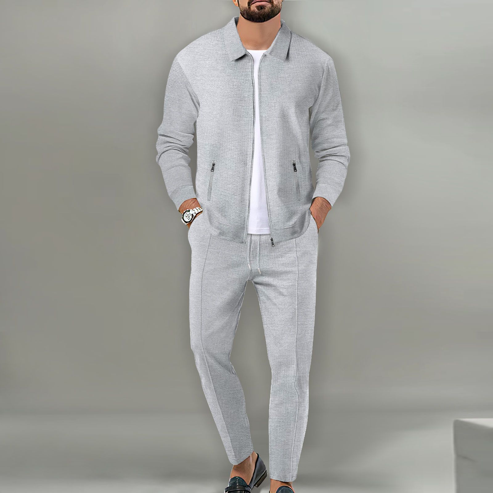 New men's two-piece solid color long-sleeved lapel zipper cardigan jacket casual trousers suit is suitable for daily leisure commuting outdoor sports wear.