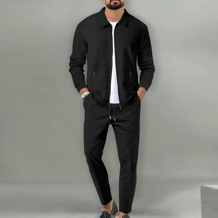 New men's two-piece solid color long-sleeved lapel zipper cardigan jacket casual trousers suit is suitable for daily leisure commuting outdoor sports wear.