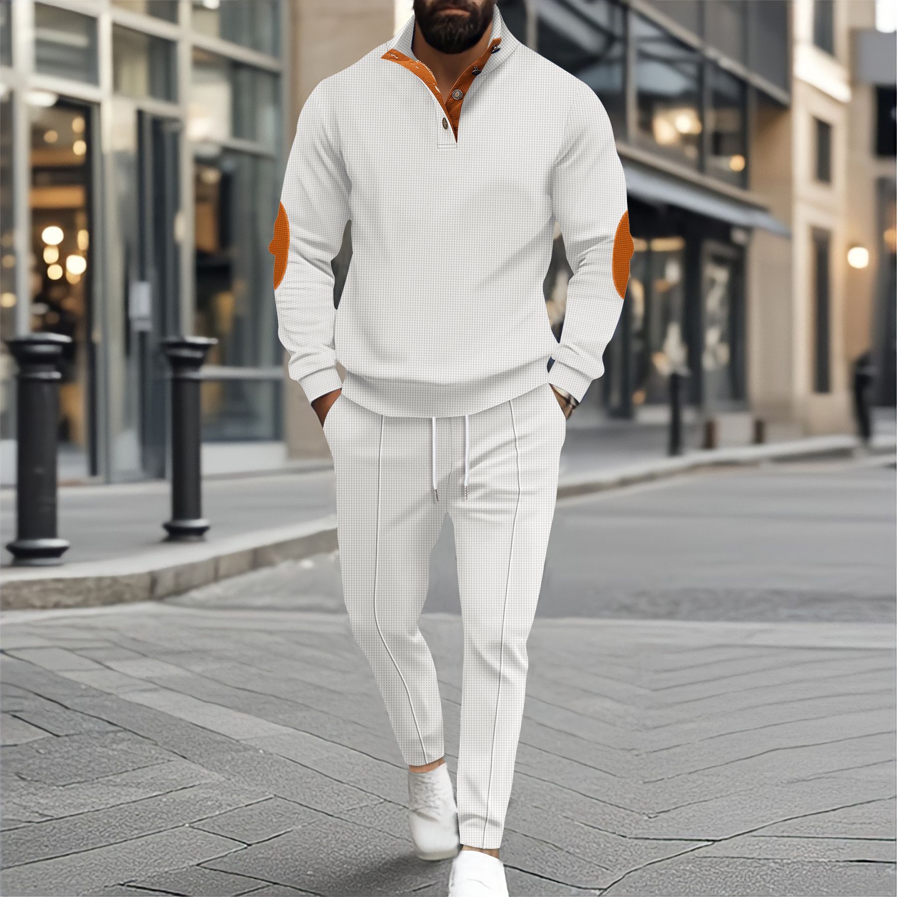 New men's two-piece fashion casual Waffle long sleeve collar button sweater casual trousers men's suit is suitable for daily leisure commuting outdoor sports.