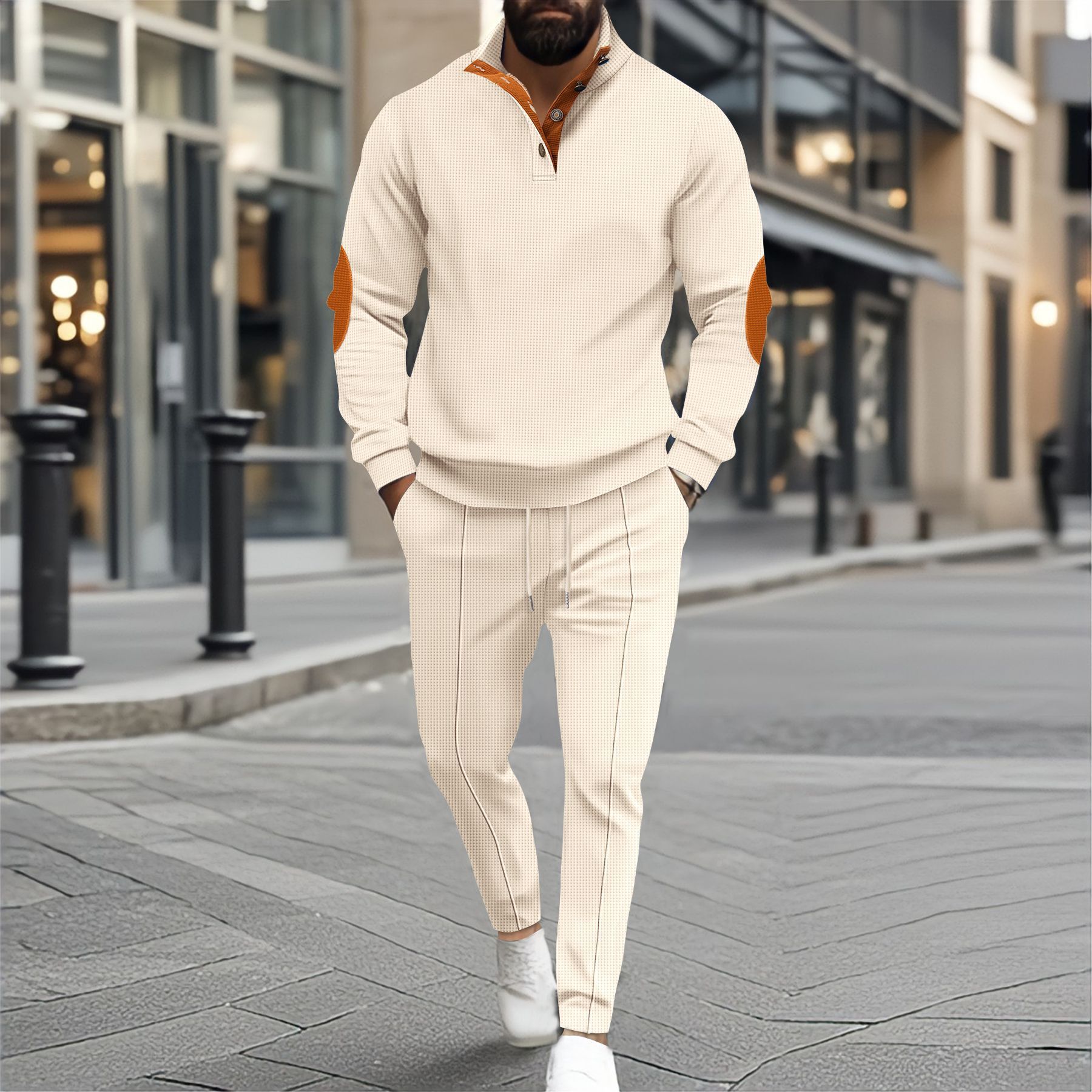 New men's two-piece fashion casual Waffle long sleeve collar button sweater casual trousers men's suit is suitable for daily leisure commuting outdoor sports.