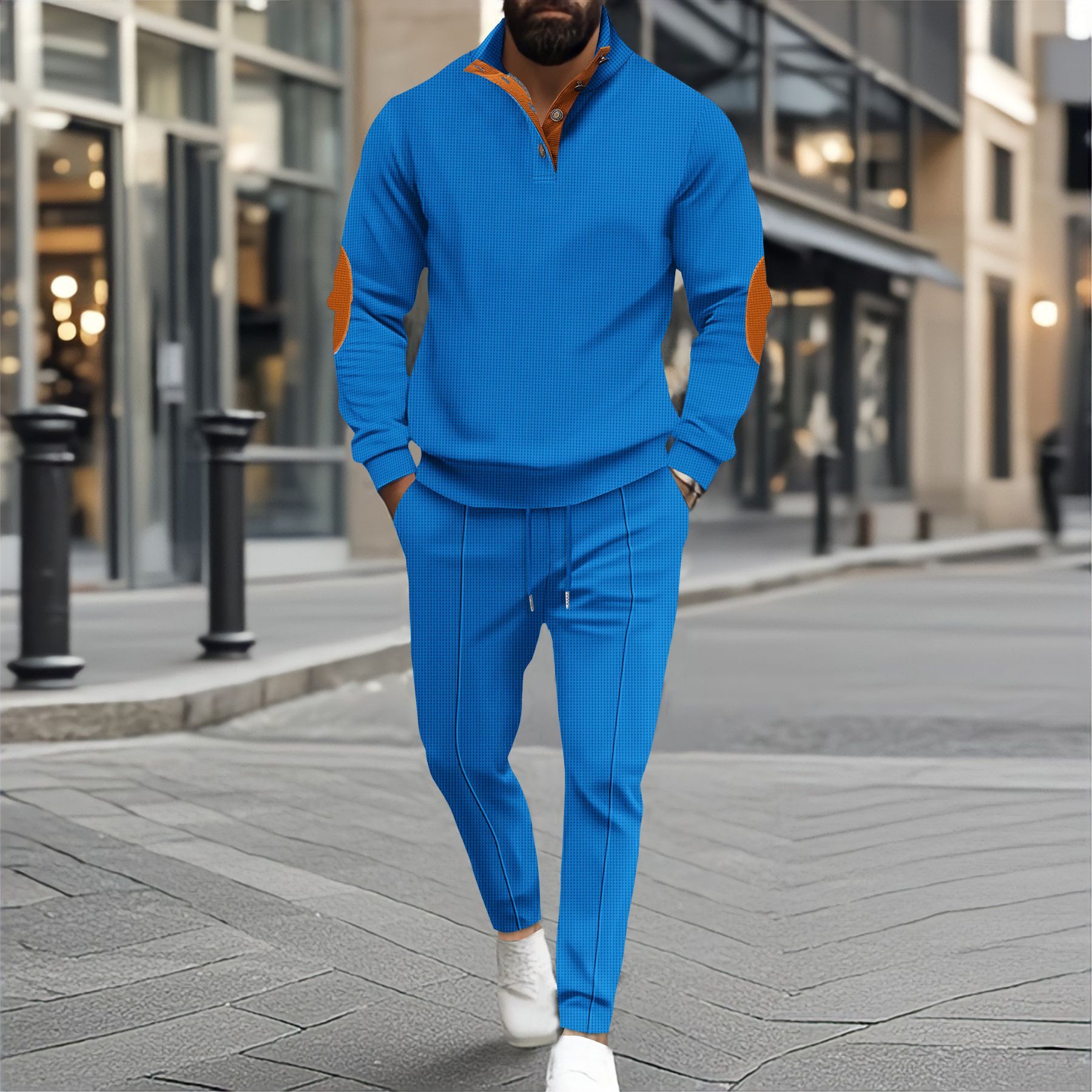 New men's two-piece fashion casual Waffle long sleeve collar button sweater casual trousers men's suit is suitable for daily leisure commuting outdoor sports.