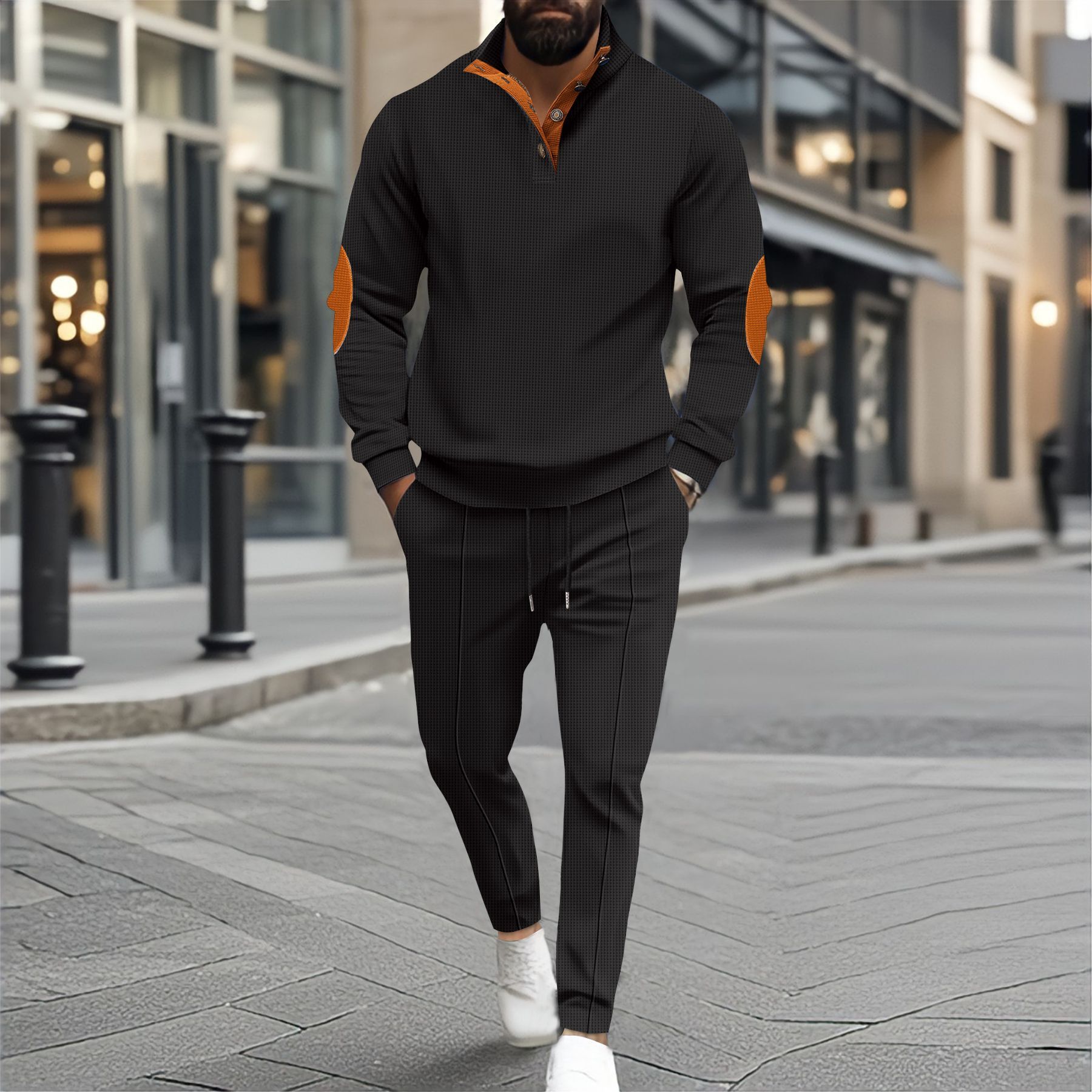 New men's two-piece fashion casual Waffle long sleeve collar button sweater casual trousers men's suit is suitable for daily leisure commuting outdoor sports.