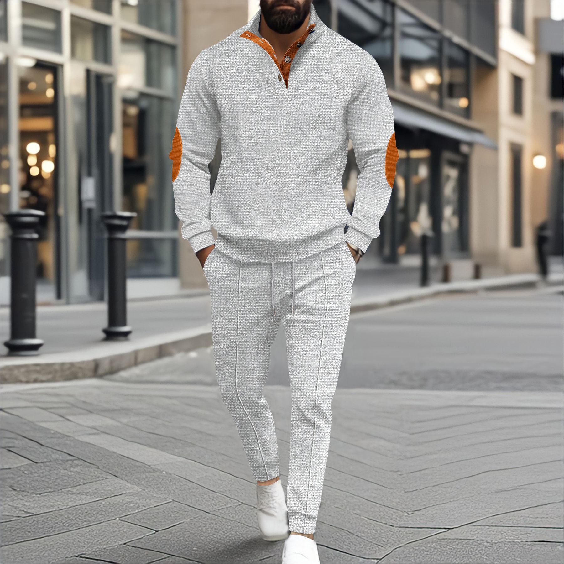 New men's two-piece fashion casual Waffle long sleeve collar button sweater casual trousers men's suit is suitable for daily leisure commuting outdoor sports.