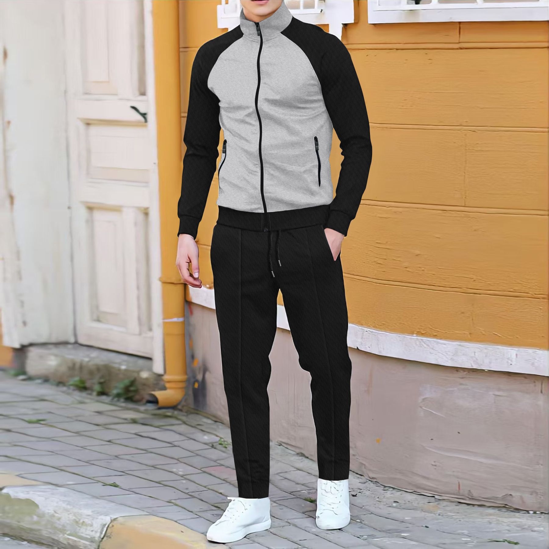 New men's two-piece color matching long-sleeved high-necked zipper cardigan jacket casual trousers sports suit is suitable for daily leisure commuting outdoor sports wear.