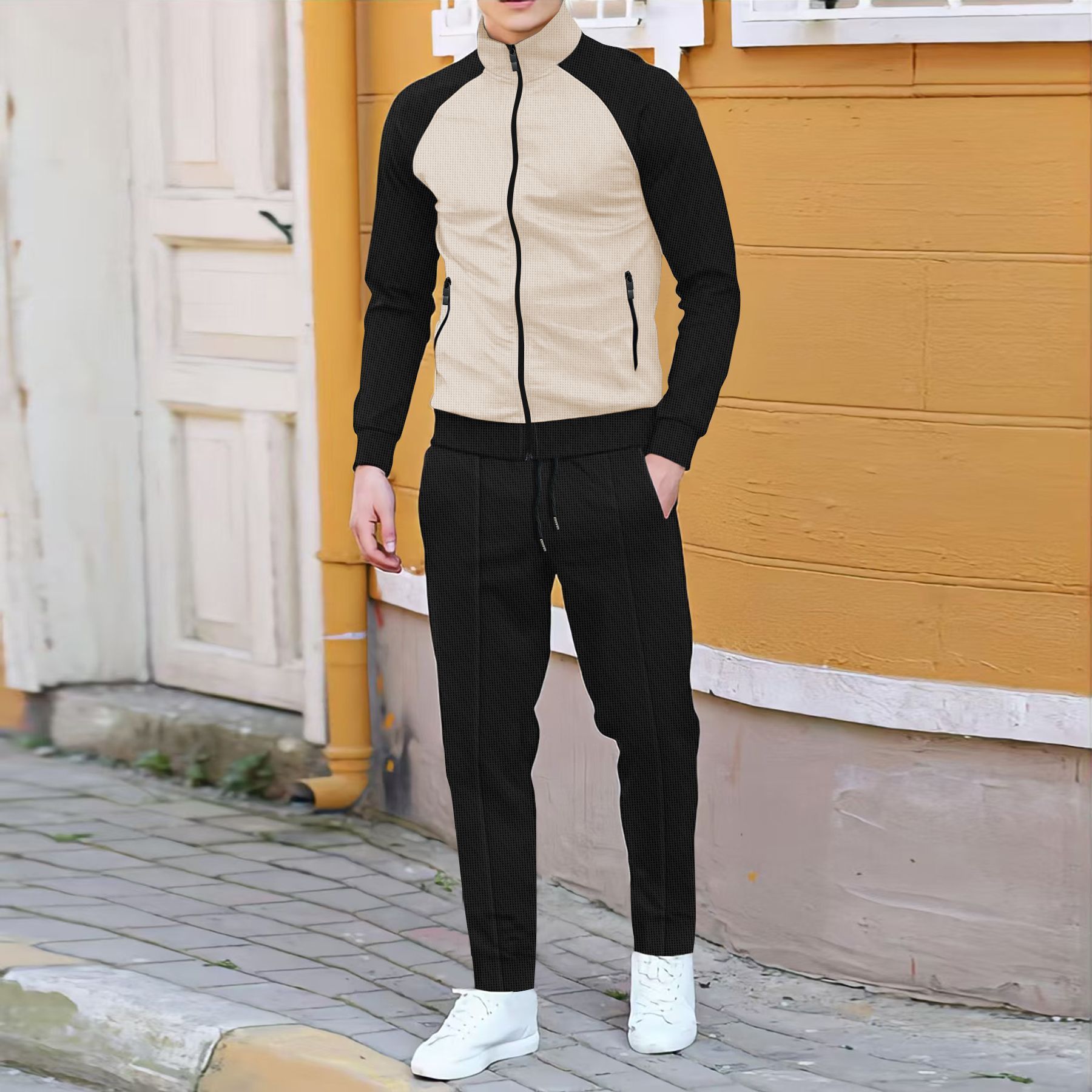 New men's two-piece color matching long-sleeved high-necked zipper cardigan jacket casual trousers sports suit is suitable for daily leisure commuting outdoor sports wear.