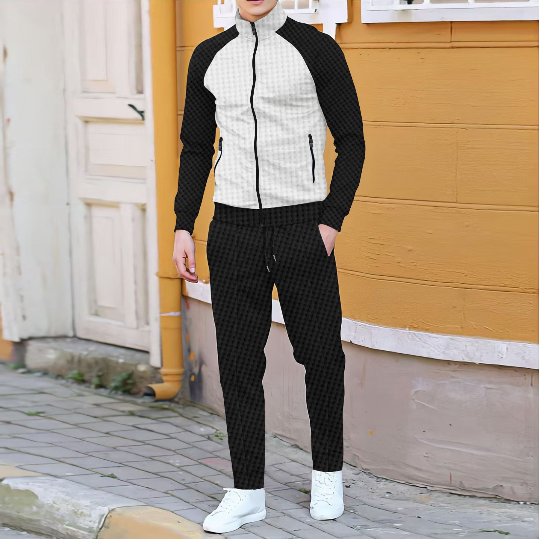 New men's two-piece color matching long-sleeved high-necked zipper cardigan jacket casual trousers sports suit is suitable for daily leisure commuting outdoor sports wear.
