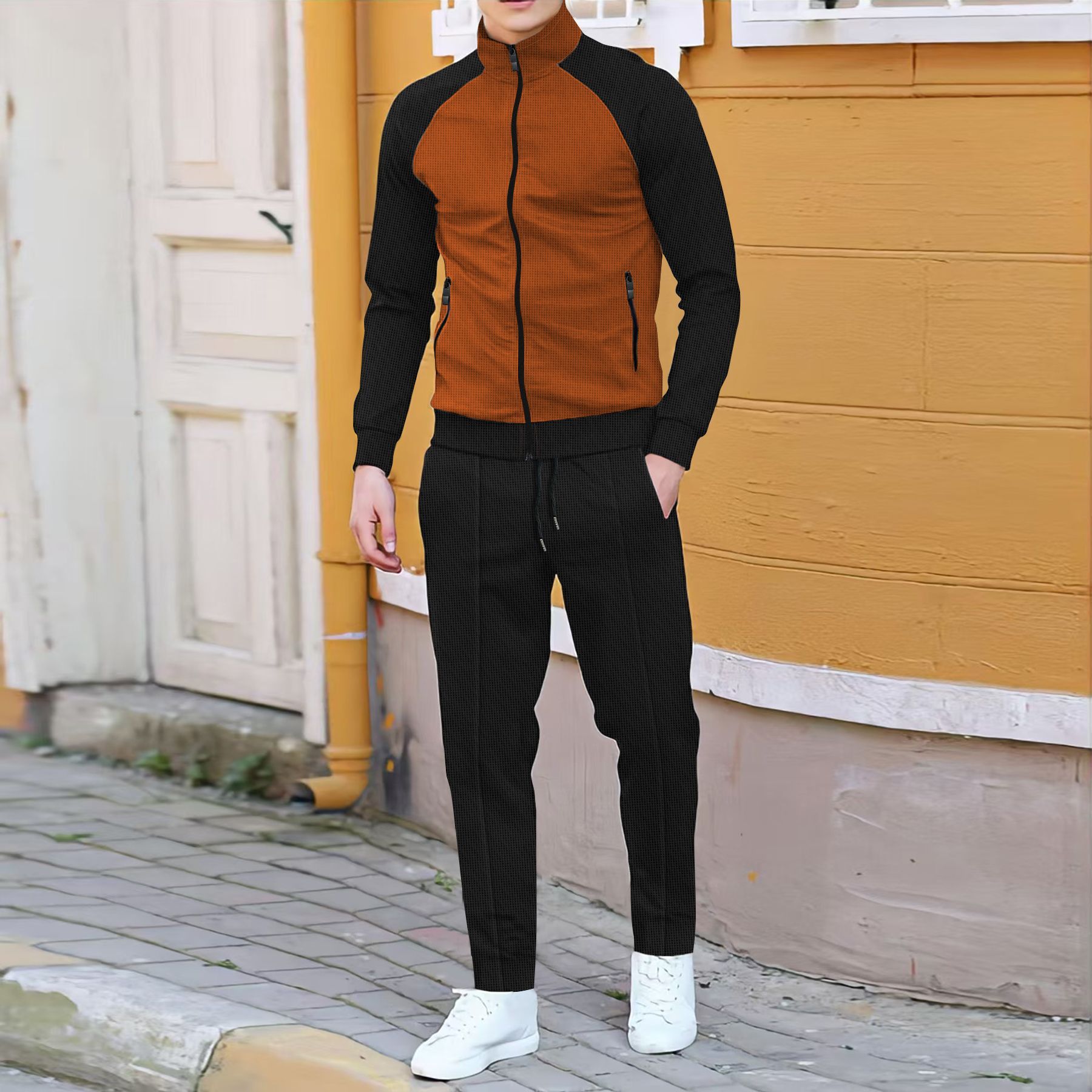 New men's two-piece color matching long-sleeved high-necked zipper cardigan jacket casual trousers sports suit is suitable for daily leisure commuting outdoor sports wear.