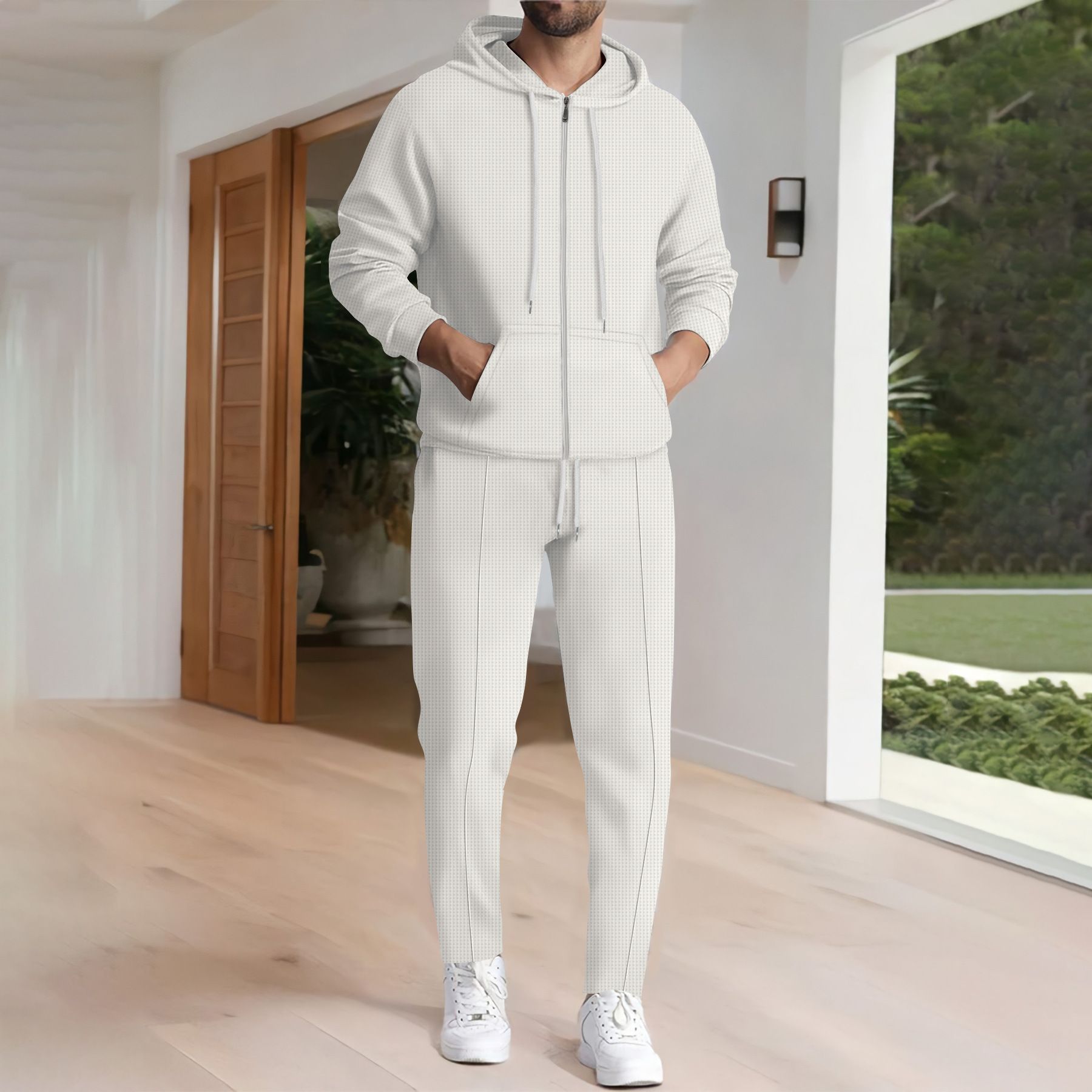 New men's two-piece solid color long sleeve zipper hooded pocket cardigan coat casual trousers sports suit is suitable for daily leisure commuting outdoor sports wear.