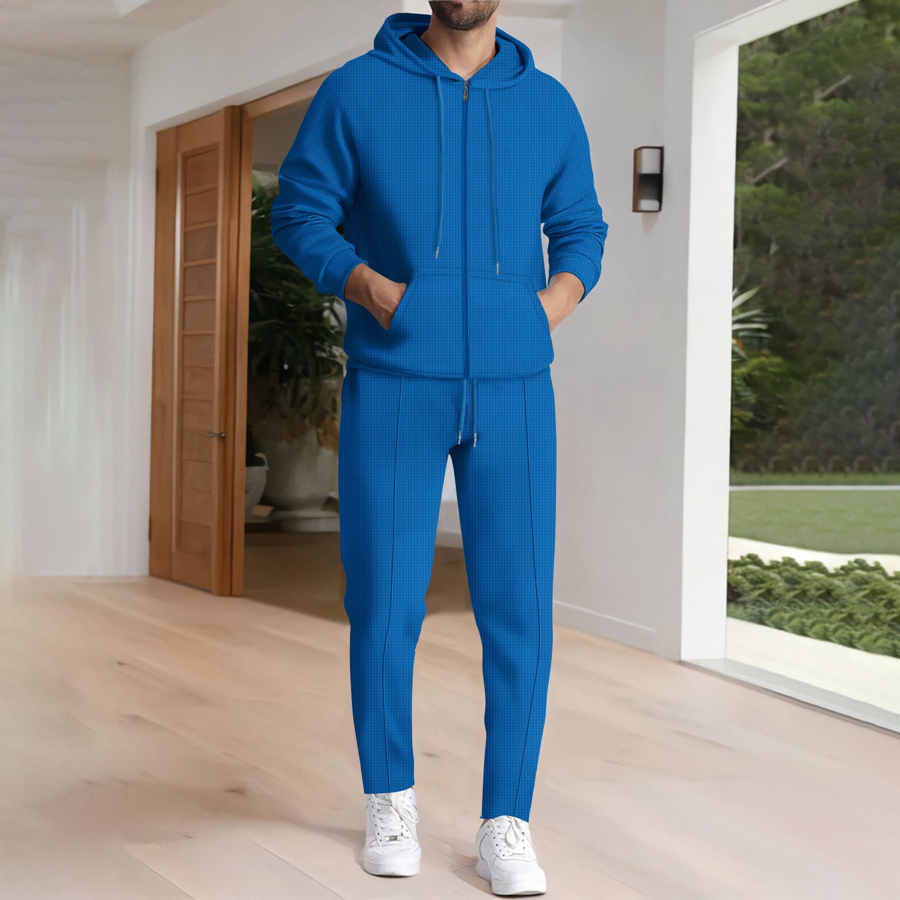 New men's two-piece solid color long sleeve zipper hooded pocket cardigan coat casual trousers sports suit is suitable for daily leisure commuting outdoor sports wear.