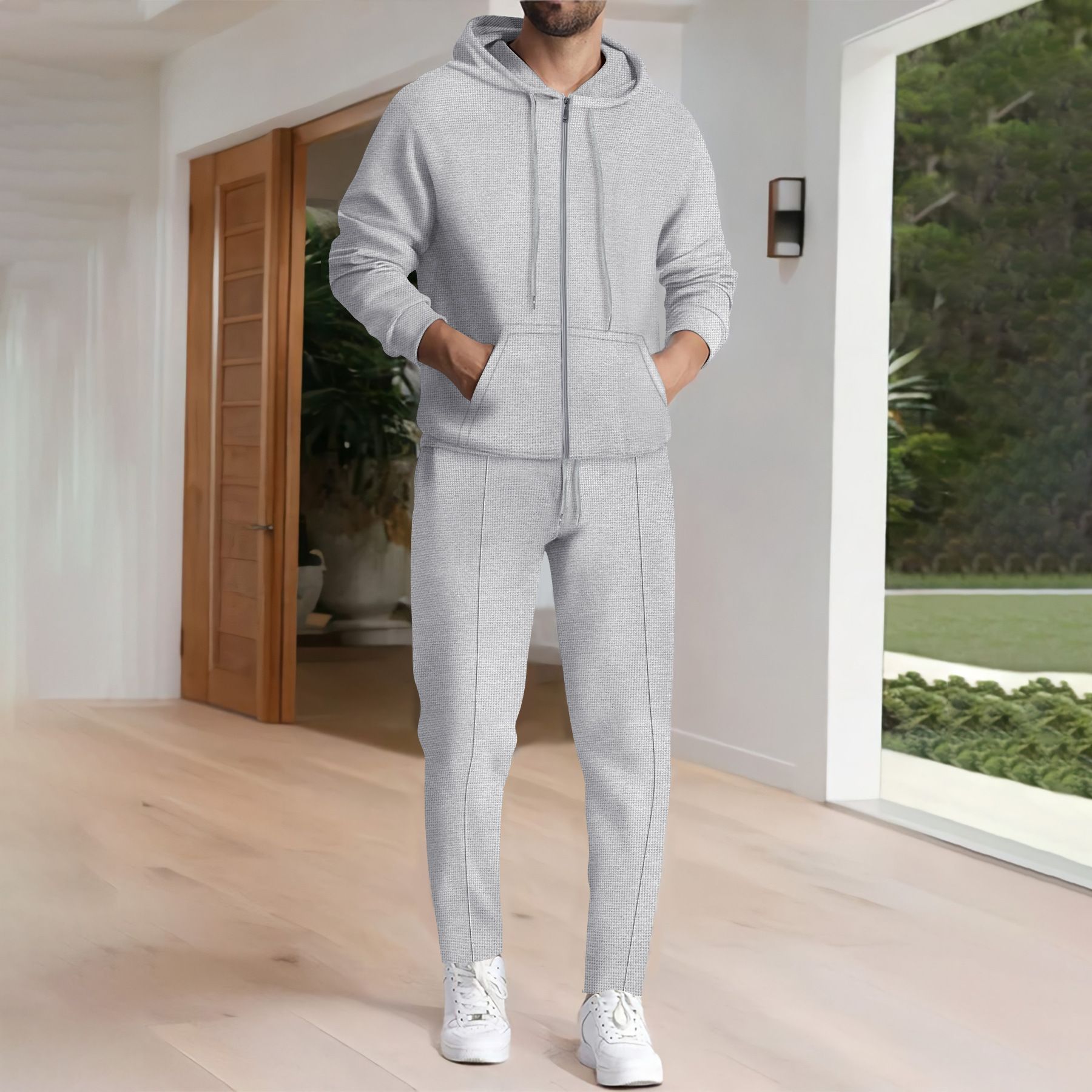 New men's two-piece solid color long sleeve zipper hooded pocket cardigan coat casual trousers sports suit is suitable for daily leisure commuting outdoor sports wear.